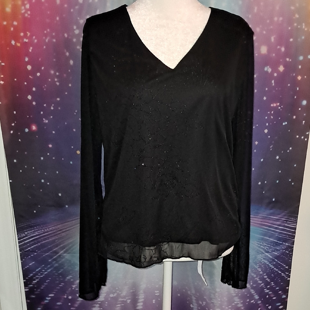 VIVENDI Black Floral Glitter Blouse with Sheer Long Sleeves and V-Neck